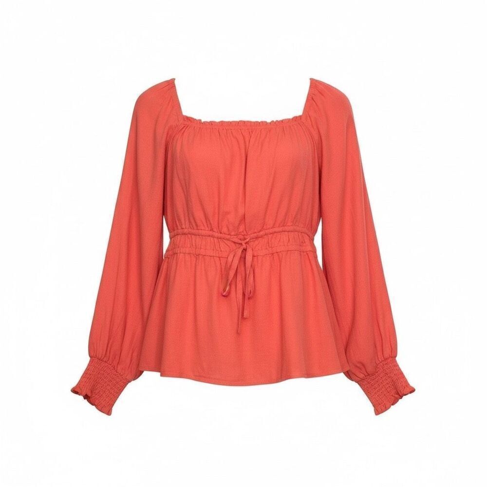 Ava & Viv Women Long Sleeve Peplum Boho Top Coral Orange Plus Size 3X Tie-Waist